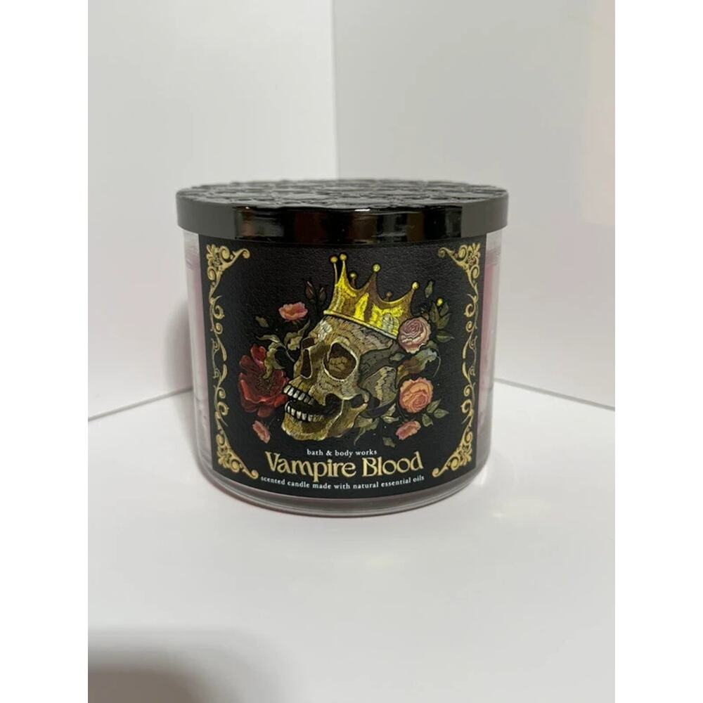 Bath & Body Works "Vampire Blood" 3-Wick Candle with Skulls Metal Lid